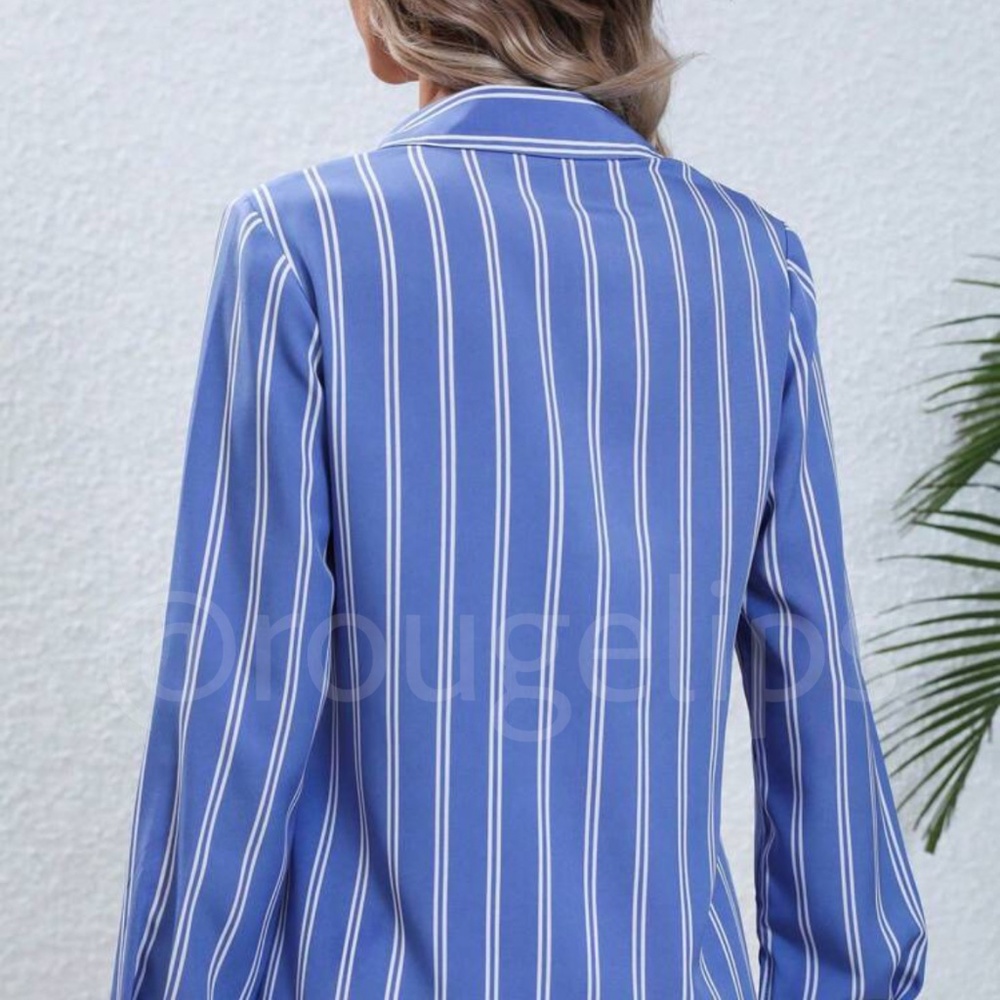 Blue White Striped Shirt Button Up / Down Long Sleeve, Collar - Picture 6 of 9